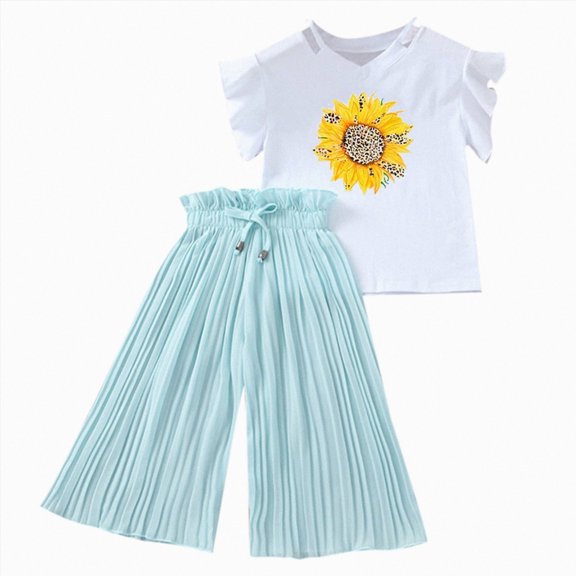 Paguaki Toddler Girls Outfits Kids Sets Summer Sunflower T-Shirt Top And Chiffon Ruched Loose Pants Children Girls' Clothing