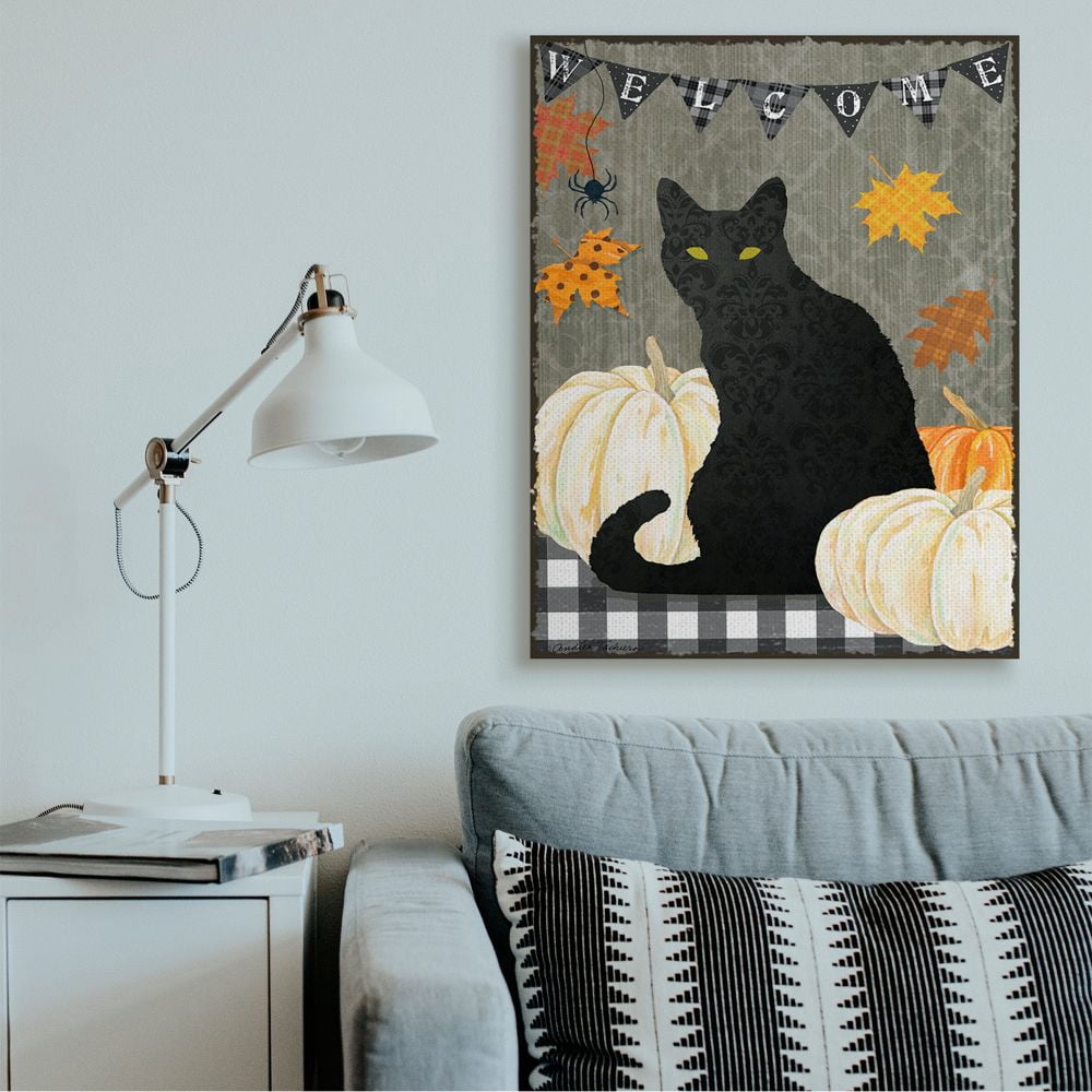 Stupell Industries Halloween Black Cat Welcome Sign Autumn Farmhouse Charm Canvas Wall Art Design by Andrea Tachiera