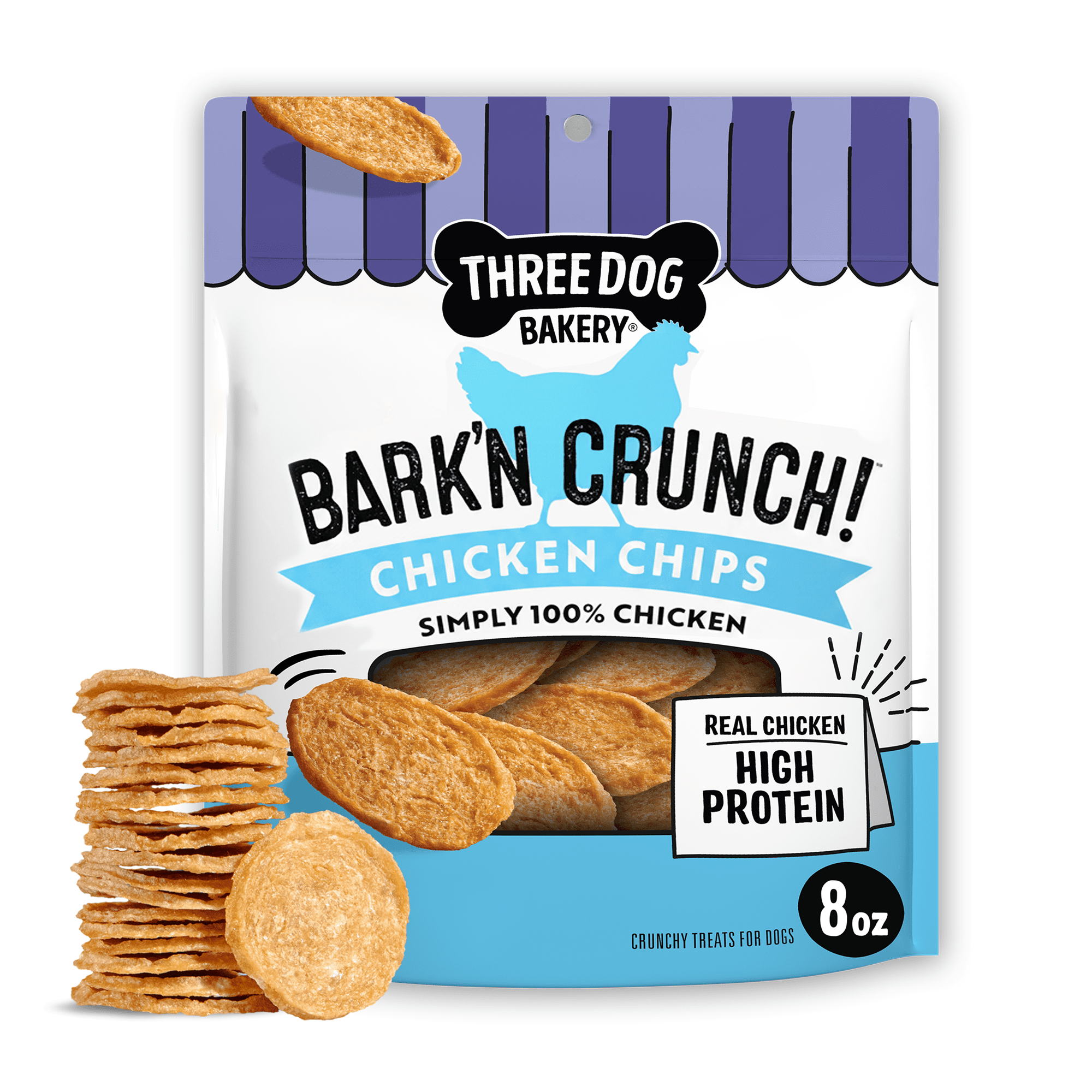 Three Dog Bakery Bark'n Crunch! Chicken Chips with 100% Real Chicken 8oz - High Protein Dog Treats