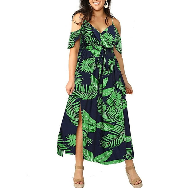 Grianlook Plus Size Women Casual Long Dress Floral V Neck Dress Side