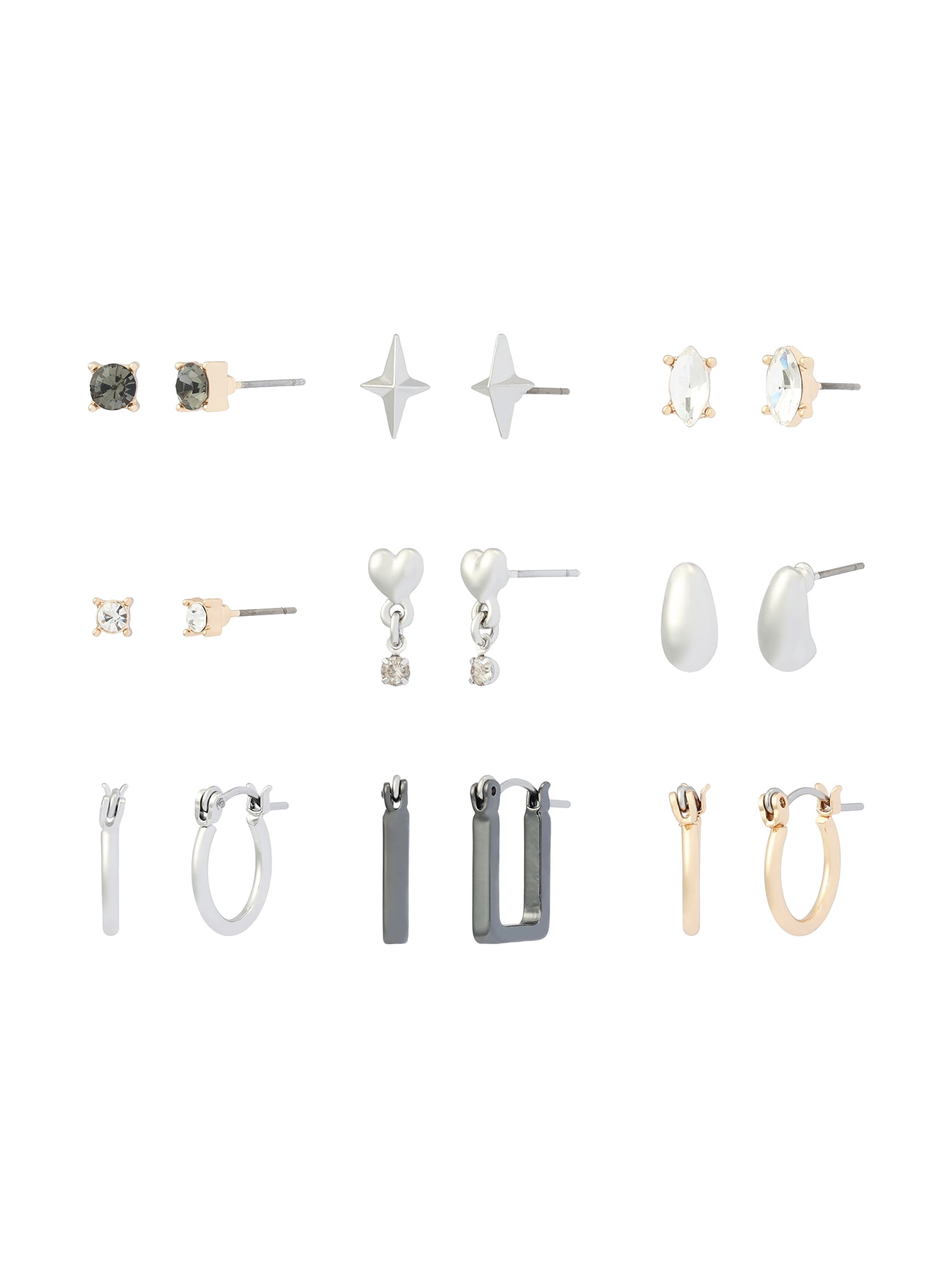 Madden NYC Women's Fashion Crystal Heart Stud & Hoop Earring 9-Piece Set