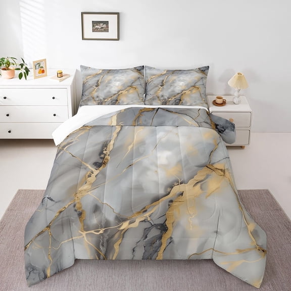 Grey Gold Marble Down Comforter Full Size For Women Men,Abstract Marble Texture Bedding Set Bronzing Sequins Marbling Comforter Set,Gray Retro Marble Art Bed Set