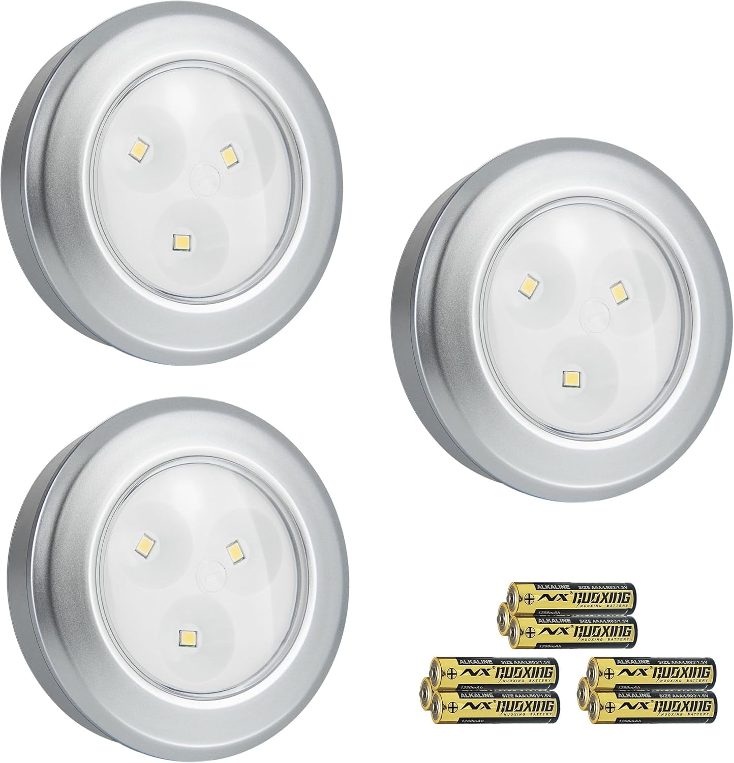RGHJAR-Wireless LED Puck Lights, Touch Activated Tap Ligh Push Light, Battery Operated Stick On Lights for Under Cabinet, Kitchen, Closet & Counters, 3-Pack, Silver (Included 3AAA Batteries)