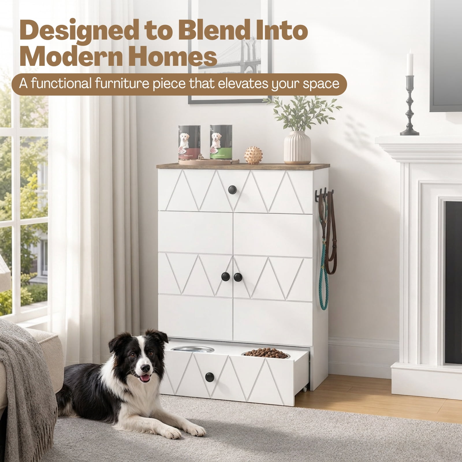 Advwin Pet Feeding Station Furniture with 2 Raised Dog Bowls, Dog & Cat Food Storage Cabinet with Drawer, Adjustable Shelves & Hooks, White