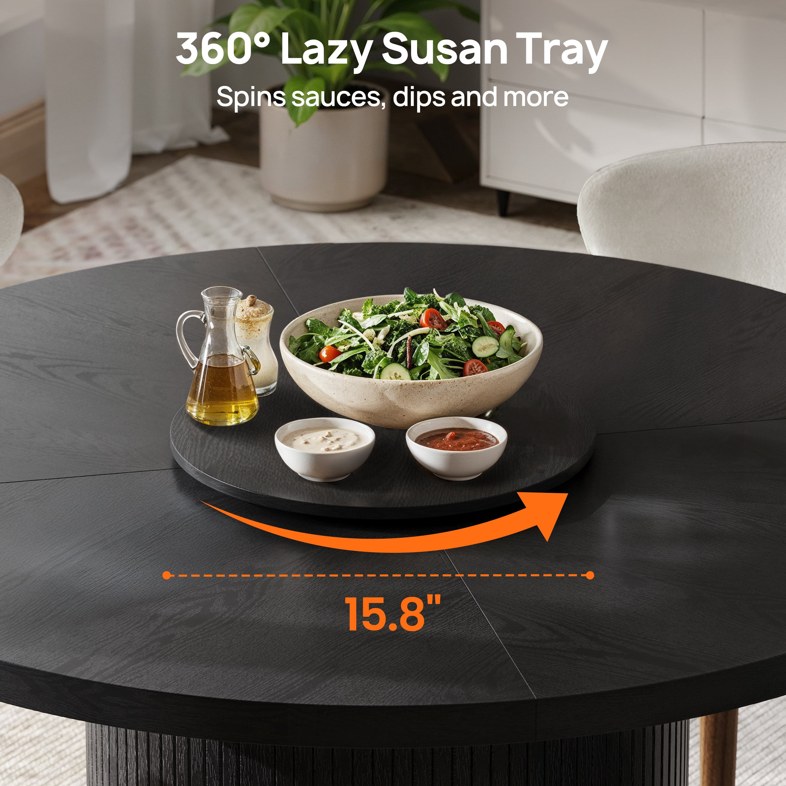 CHIC HOUSE 47" Round Dining Table with Storage Shelf, Farmhouse Fluted Kitchen Table with Removable Lazy Susan & Sliding Doors for Dining Room, Black
