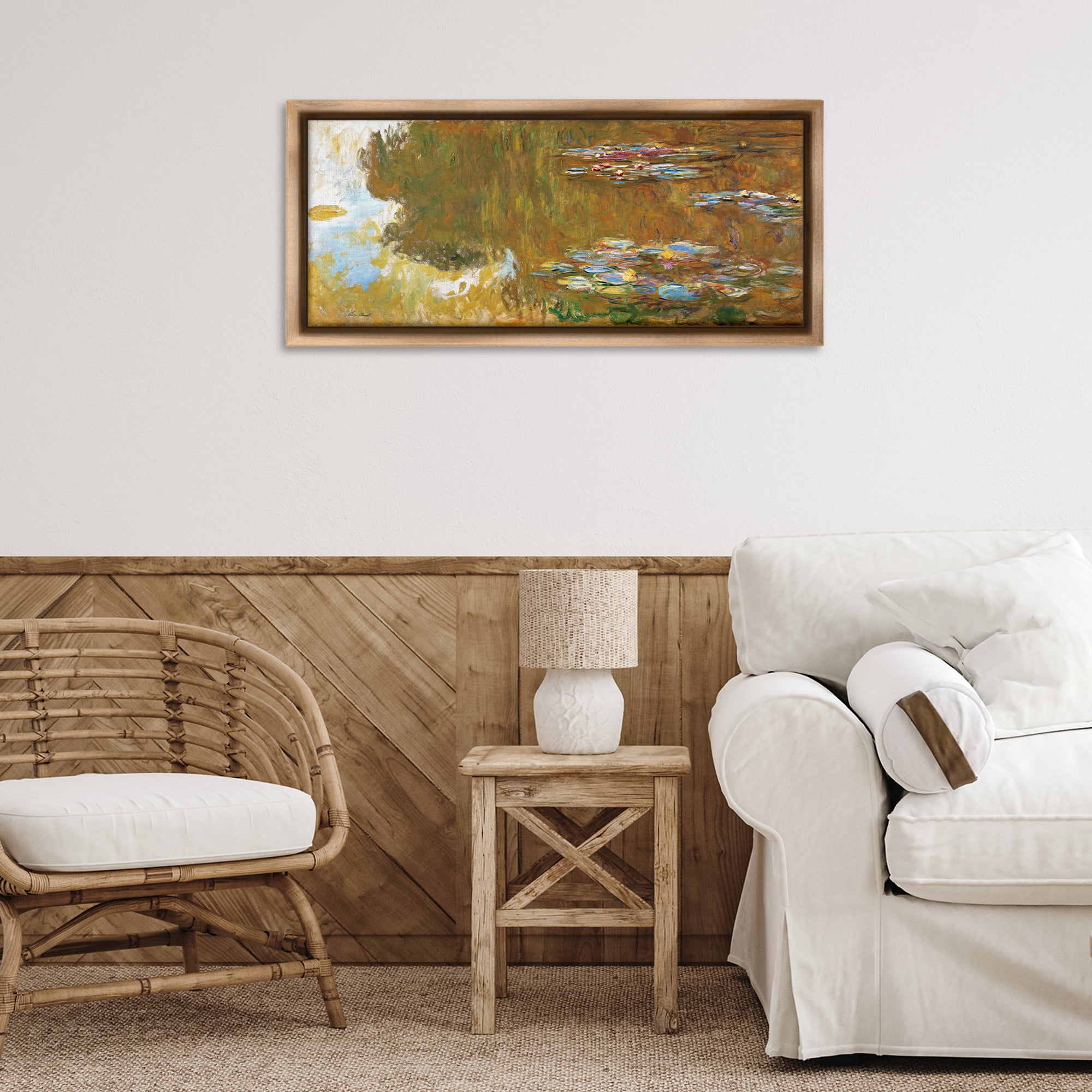 Stupell Industries Classic Monet Water Lily Pond Landscape & Nature Painting Brown Floater Framed Canvas Art Print Wall Art, 31 x 14