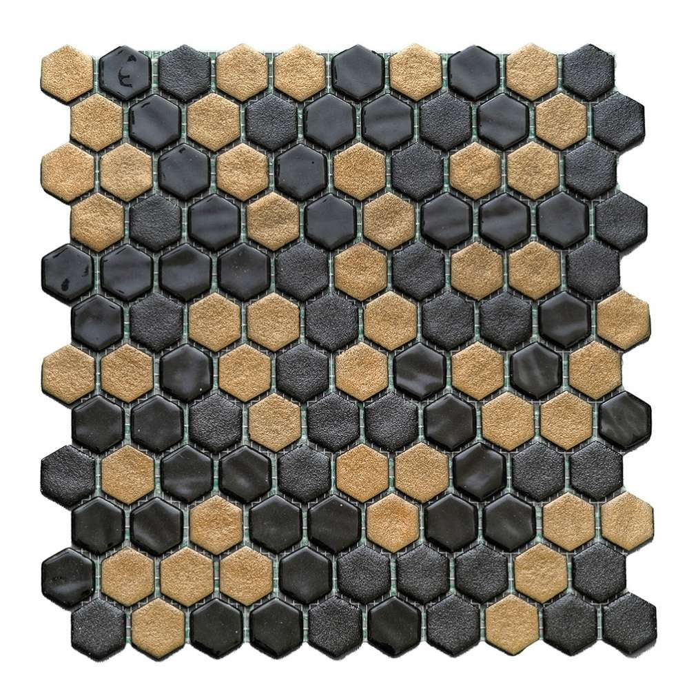 The Tile Life Eterna Hex 4" x 4" Hexagon Black & Gold Glass Mosaic Tile Sample 1 Piece