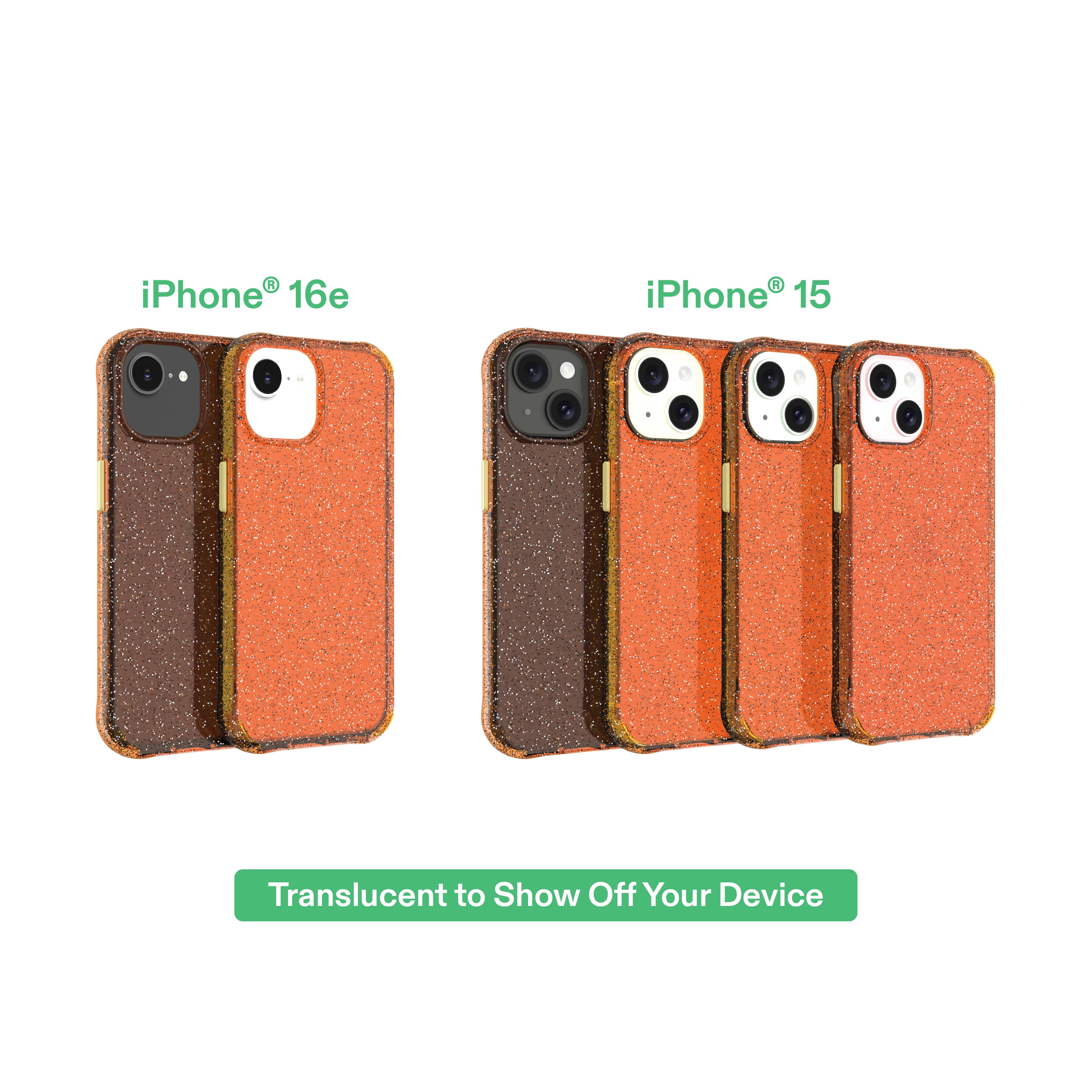 onn Sparkle Phone Case for iPhone 17e / iPhone 16e / iPhone 15 / iPhone 14 / iPhone 13 - Orange with Gold Glitter