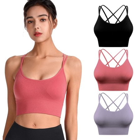 

Strappy Sports Bra for Women (Black Purple Red) 3 Pack Comfortable & Sexy Crisscross Fits for Running Athletic Gym Workout Yoga Fitness Tank Tops S Size
