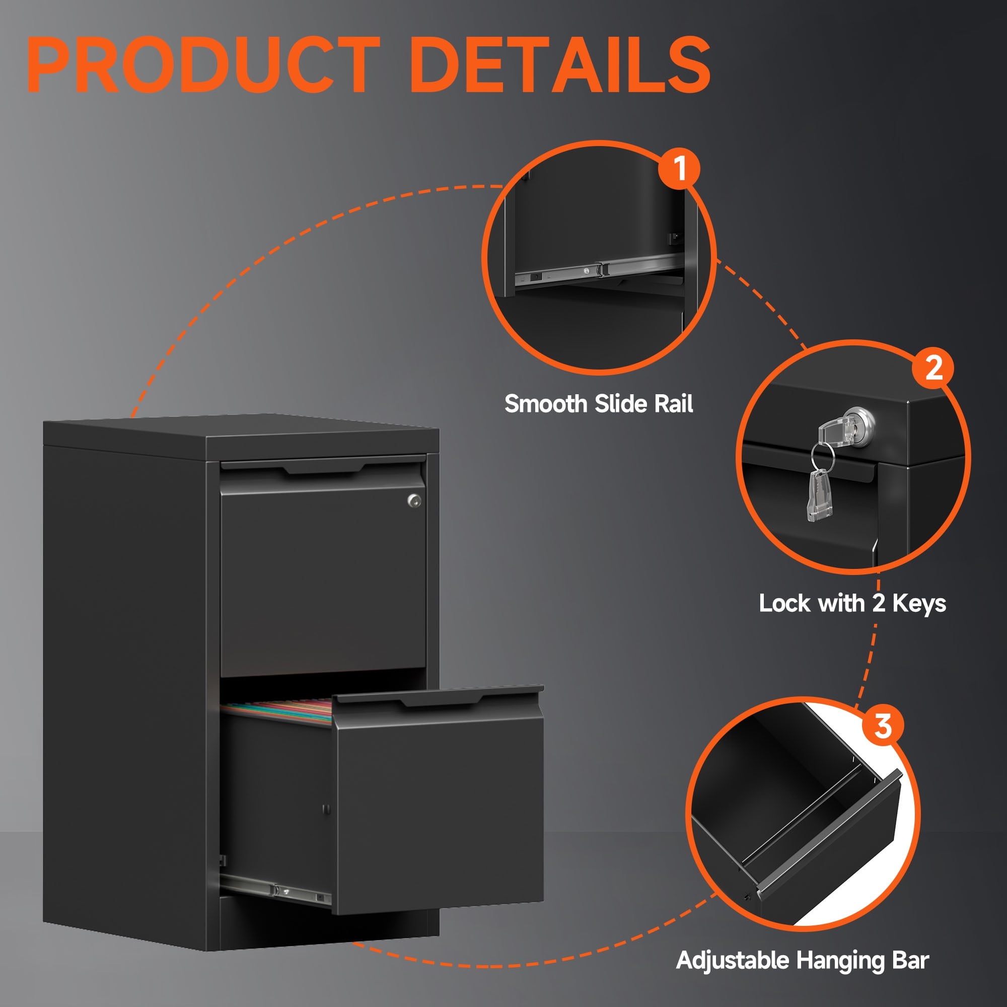 Topass 2-Drawer Locking Metal File Cabinet, Home Office Storage, A4/Legal/Letter Hanging, Assembly Required.Black