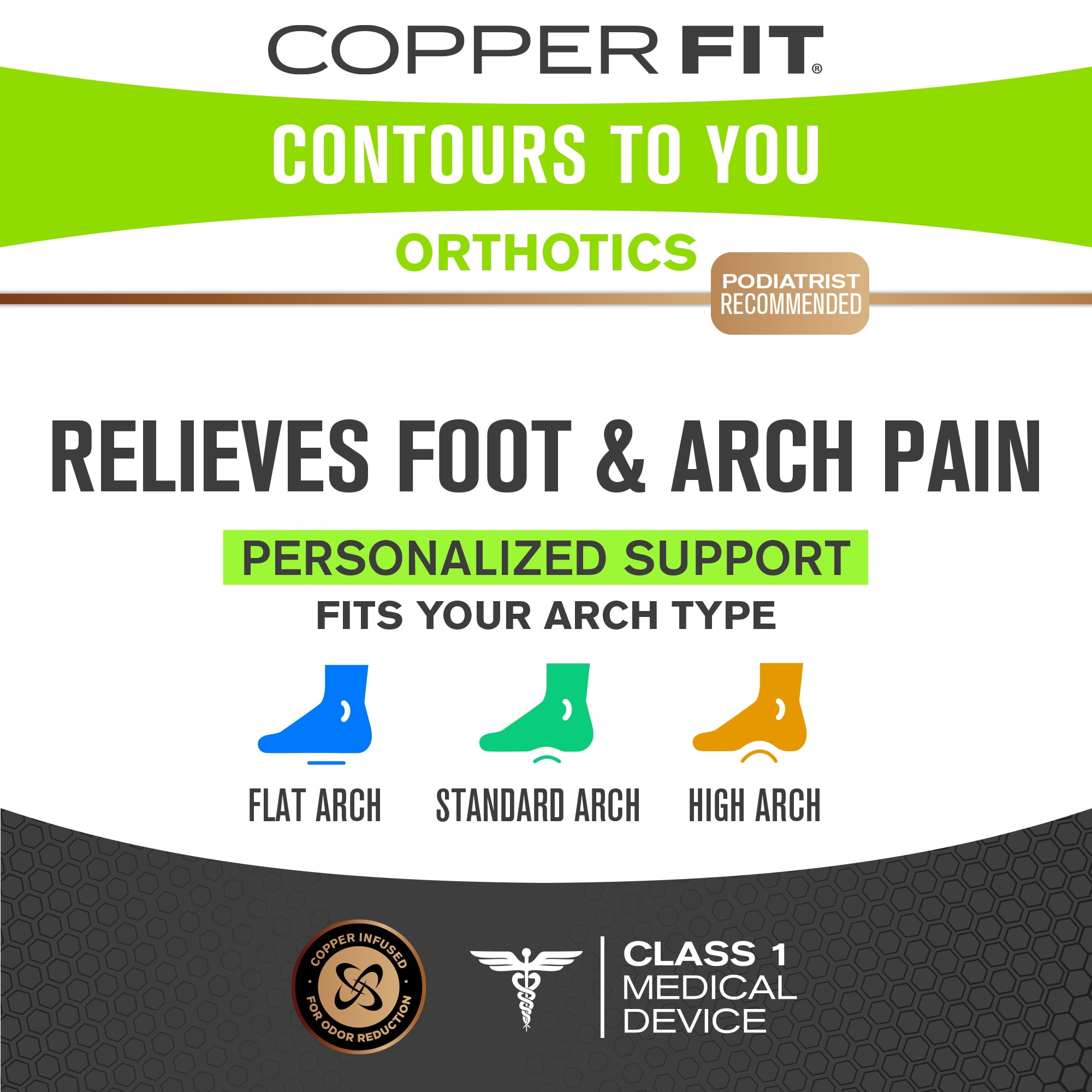 Copper Fit Orthotics Womens Insoles, Contours to You, Medium, 9.5 - 11