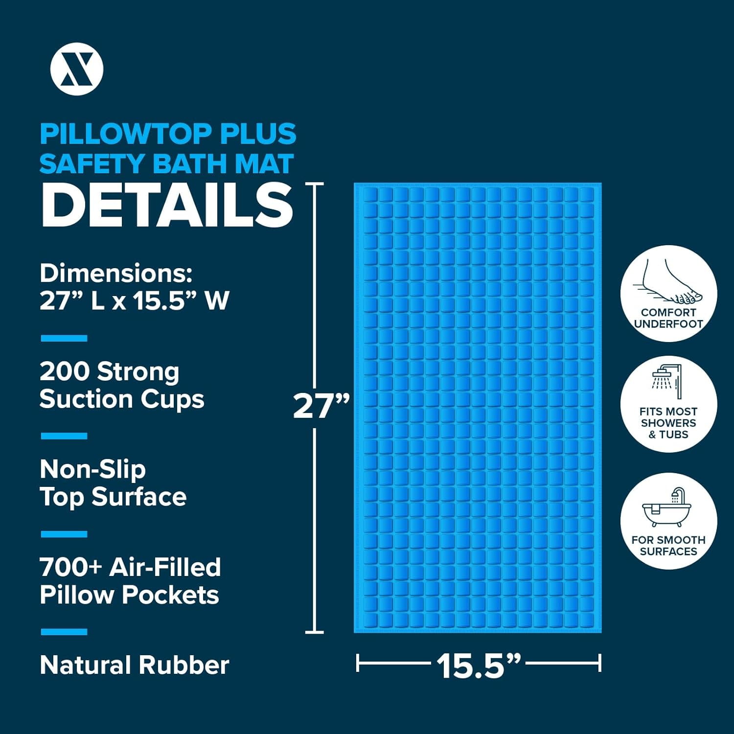 SlipX Solutions Foot Friendly Pillow Top Plus Safety Bath Mat, 15 x 27