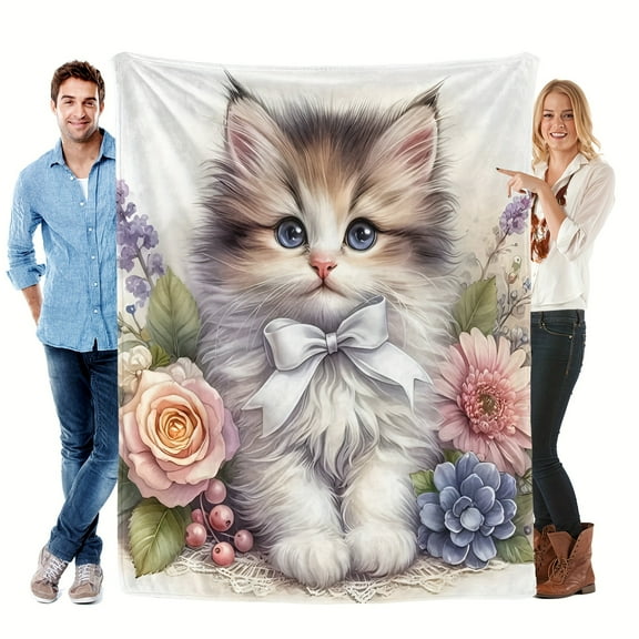 Soft Warm Gift Delicate Sweet Kitten And Flowers Cute Fun Print Flannel Blanket Soft Warm Cozy Blanket For Sofa Bed Car Camping Office Home Decor Gift Blanket For All Seasons