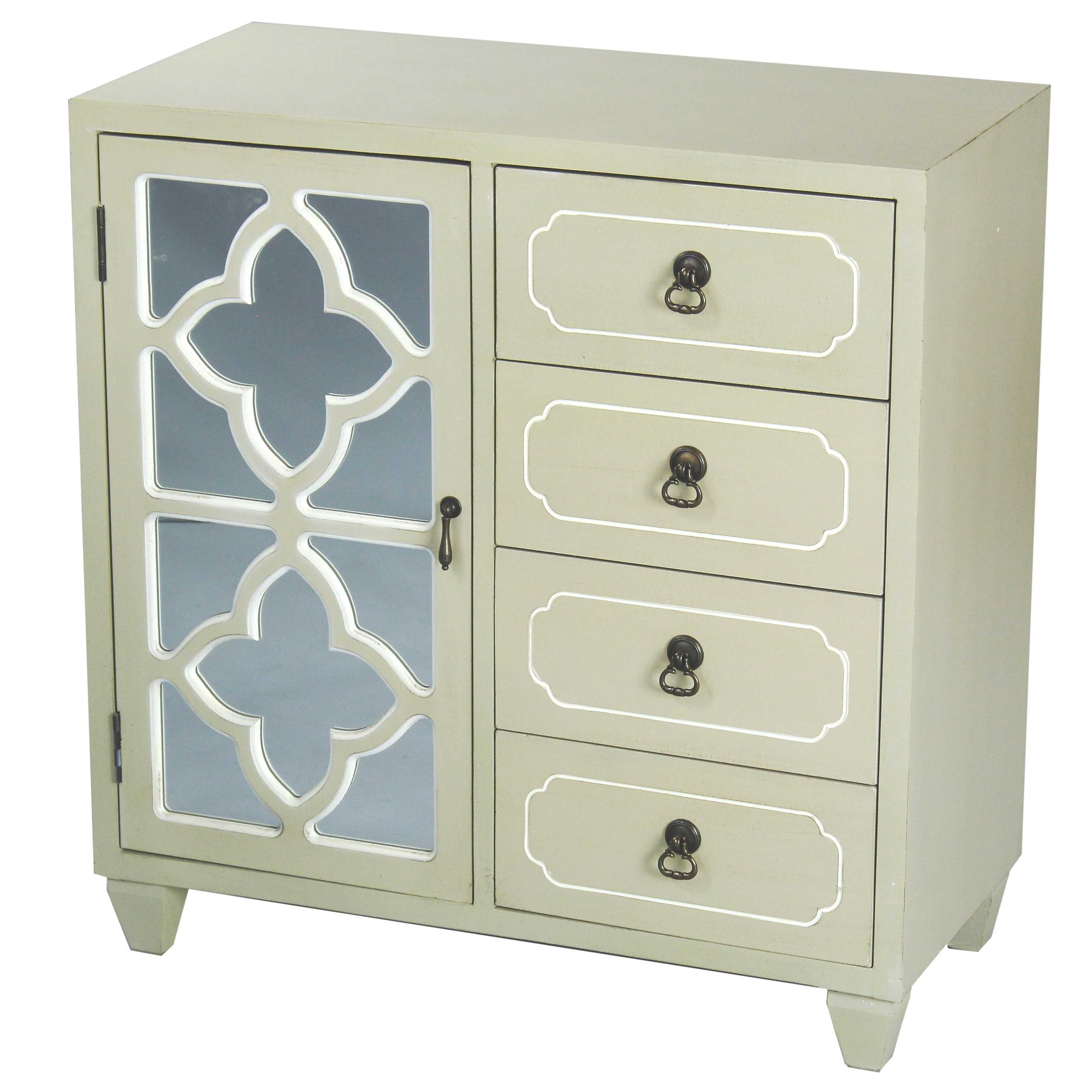 Beige Wood Mirrored Glass Sideboard with a Door, 4 Drawers & Quatrefoil