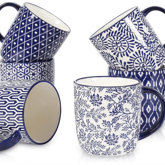 Porcelain 10 oz Coffee Mugs Set of 6 with Handle, Coffee Cups Ceramic for Cappuccino Latte Cocoa Milk Tea, Dishwasher Microwave Safe, Vintage Blue
