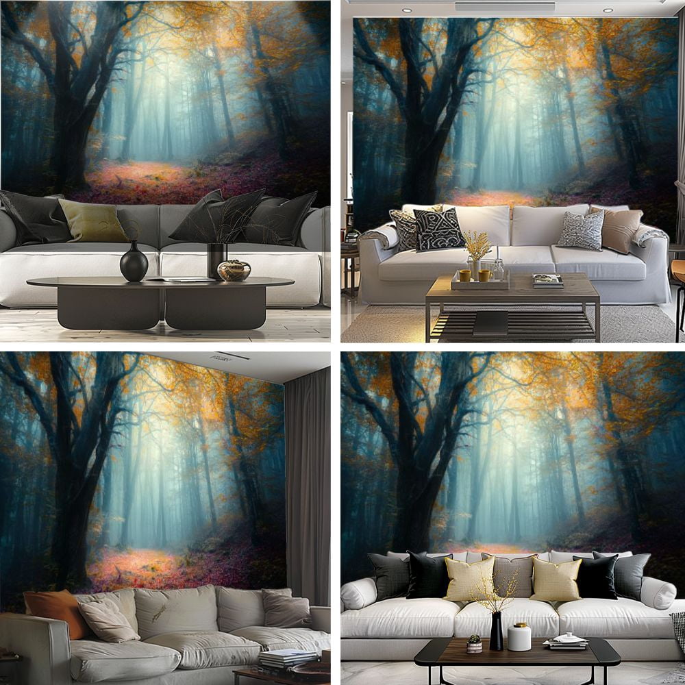 Peel and Stick Wallpaper Fairy forest fog Fall woods autumn forest fog morning Old Tree Modern Art Wall Mural Decor Self Adhesive and Removable 69in x 98in