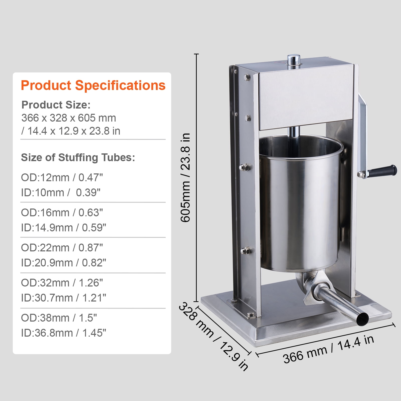 KFFKFF Hand-Operated Sausage Filler, 10 L / 22 LBS Upright Meat Filler, Two-Speed, Constructed with 304 Stainless Steel, Comes with 5 Filling Nozzles, Suitable for Domestic and Commercial Kitchens
