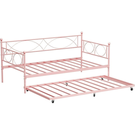 Twin Size Metal Daybed with Trundle - Pink Steel Frame Daybed with Pull-Out Bed, Headboard & Steel Slat Support, No Box Spring Needed, for Living Room, Bedroom or Guest Room.