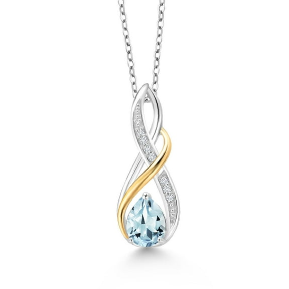 Gem Stone King 0.94 Ct Pear Shape Sky Blue Aquamarine E-F Lab Grown Diamond 925 Silver and 10K Yellow Gold Pendant with Chain