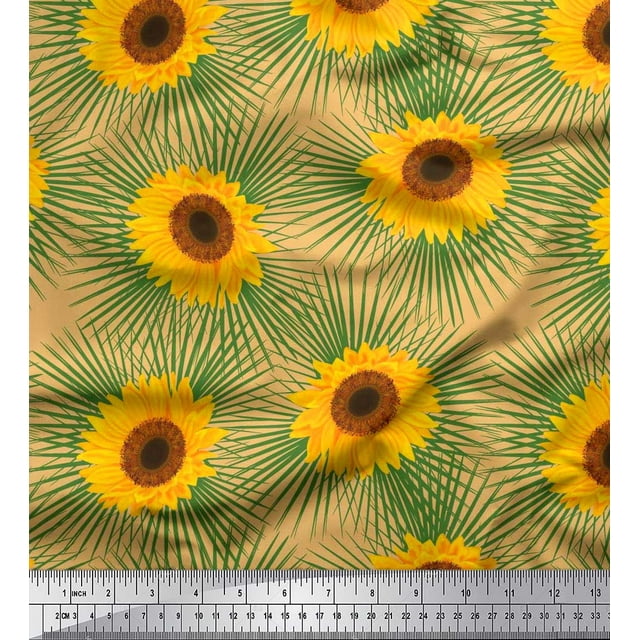 Soimoi Poly Georgette Fabric Leaves & Sunflower Floral Print Fabric by The Yard 42 Inch Wide