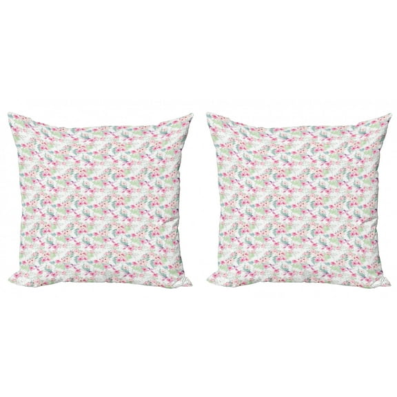 Floral Throw Pillow Cushion Cover Pack of 2, Harmony of the Nature Theme with Pastel Toned Exotic Flowers and Flying Hummingbirds, Zippered Double-Side Digital Print, 4 Sizes, Multicolor, by Ambesonne