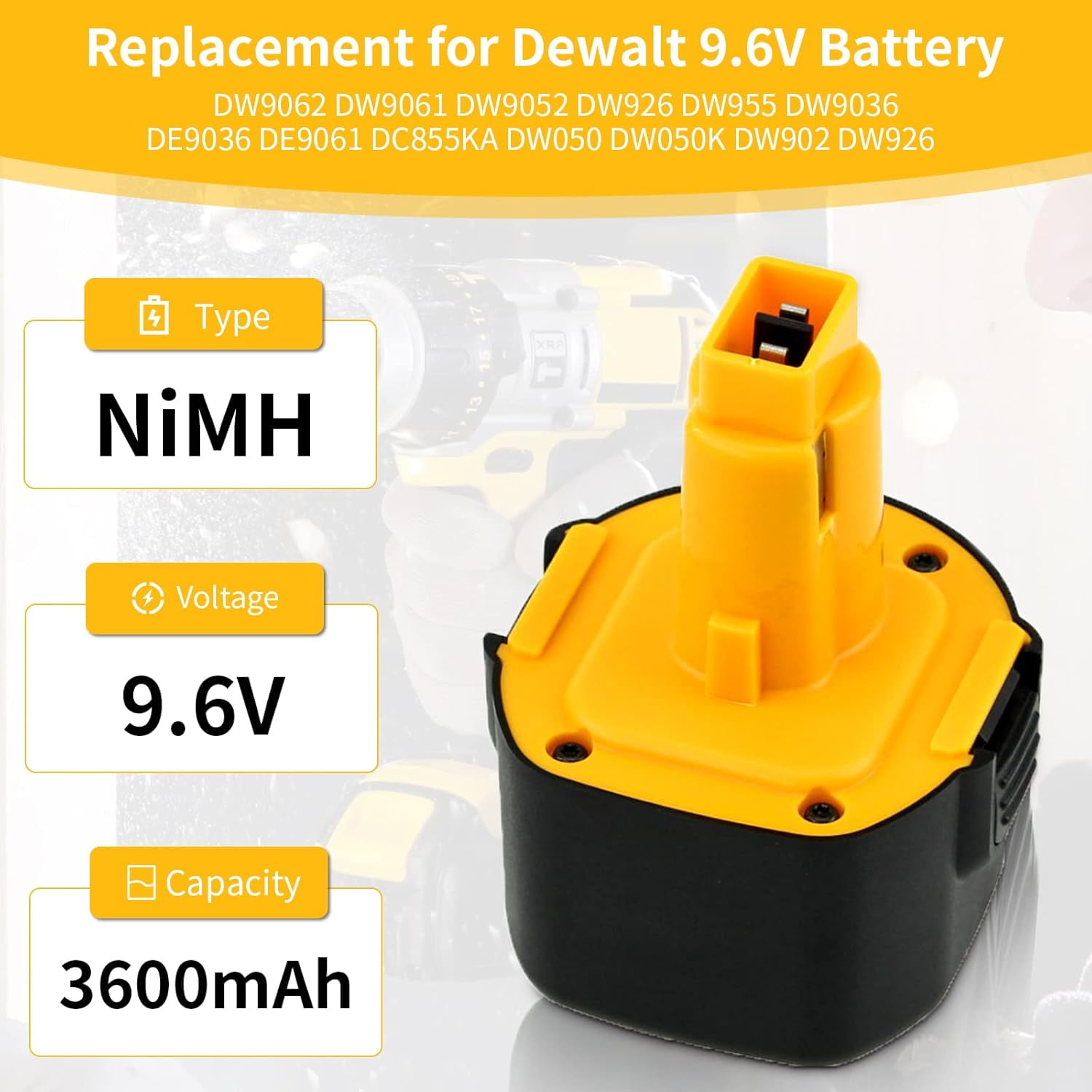 2 Pack 3.6Ah Ni-MH Replacement for Dewalt 9.6Volt Battery DW9061 DW9062 DW926 DW955 DW926K