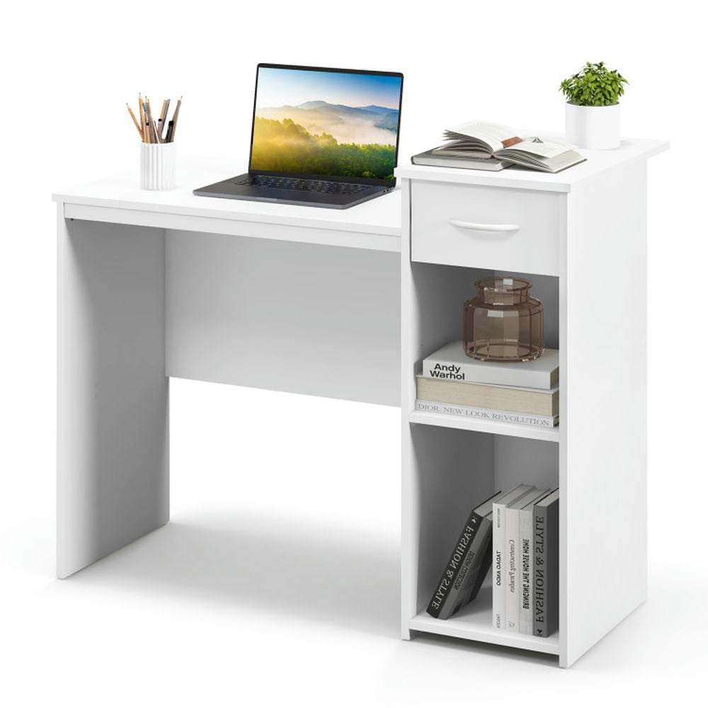 GVN Computer Desk with Drawer Modern Laptop PC Desk with Adjustable Shelf and Cable Hole-White, Desk for Bedroom, Gaming Computer Desks for Study,Working,Writing