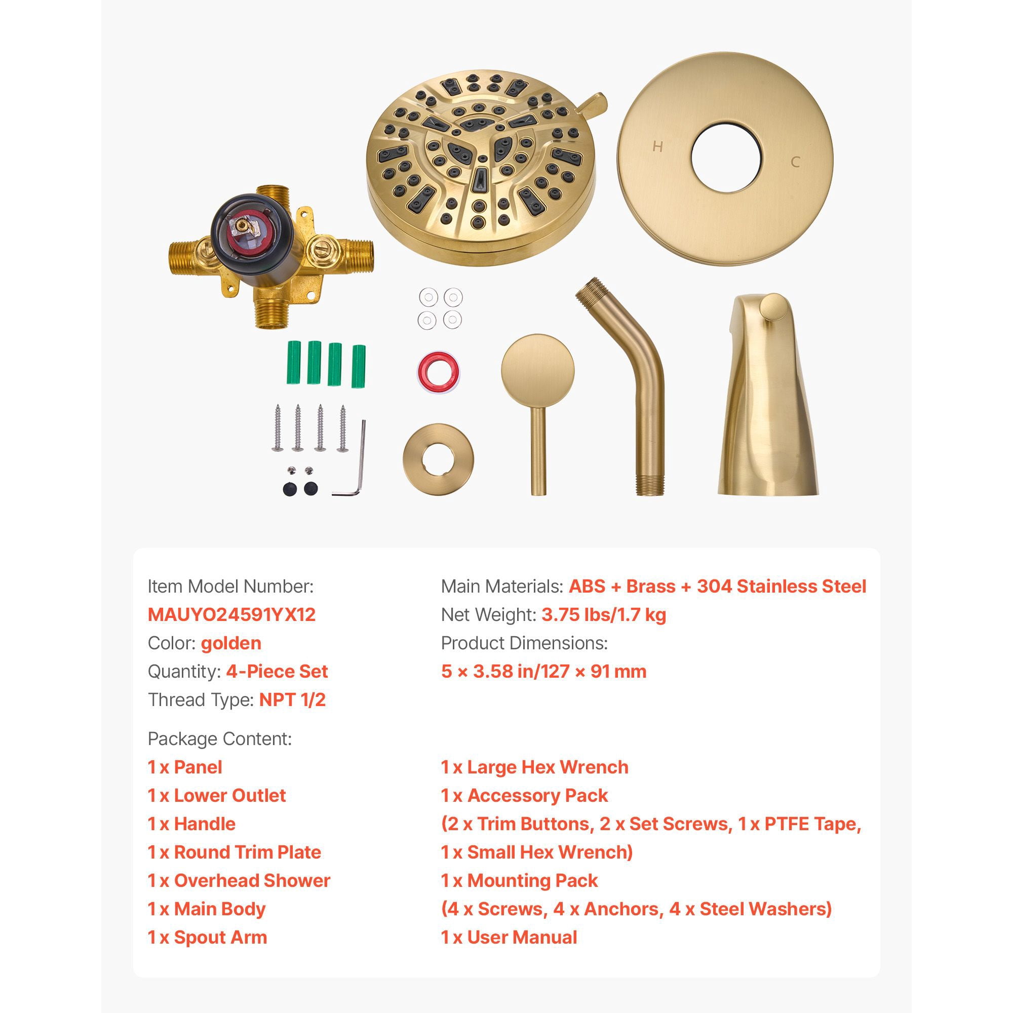 Tub and Shower Faucet Set 4-Piece Pressure Balancing Valve 8 Shower Modes Gold Finish for Bathroom