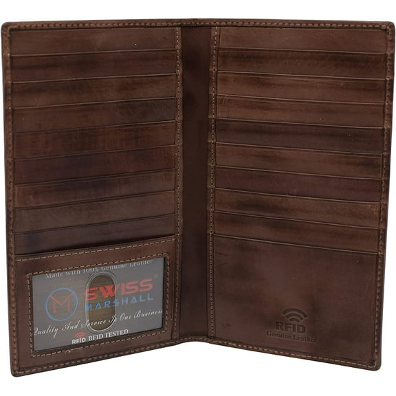 Swiss Marshall Bifold RFID Blocking Premium Leather Credit Card ID Holder Long Wallet Brown