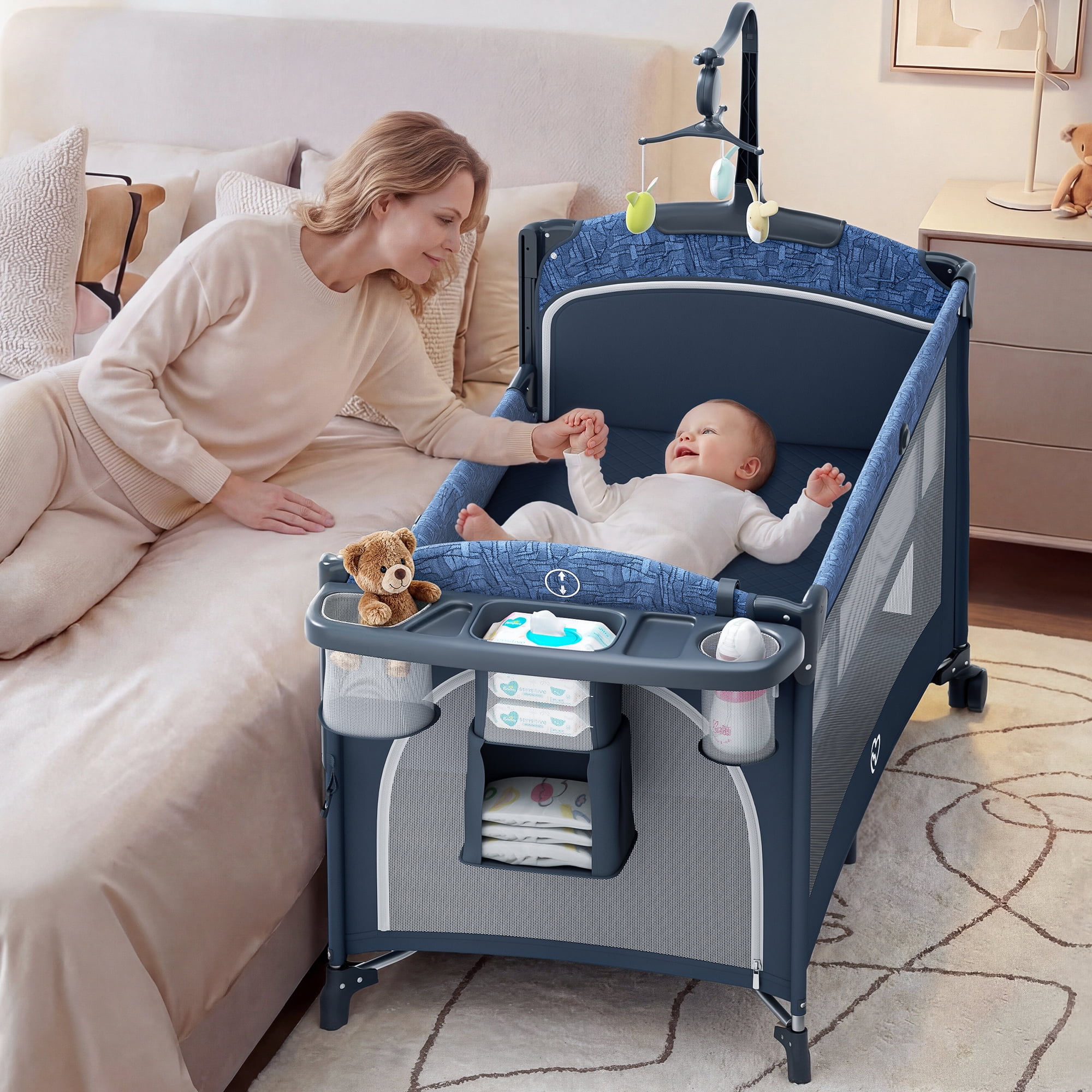 Babyomi 5 in 1 Pack and Play Easy Folding Portable Playards, Baby Bassinet with Mattress, Diaper Changer and Music Mobile,Blue