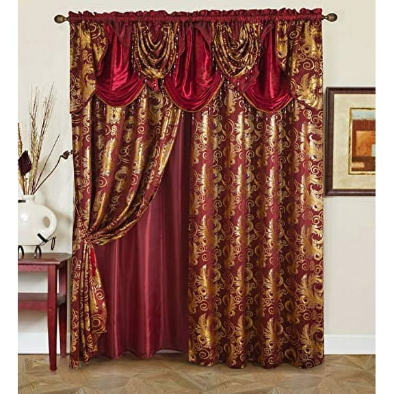 GLORY RUGS Jacquard Luxury Window 2 Panel Set Burgundy Curtain with Attached Valance and Backing Bedroom Living Room Dining 2 Curtains 55x84 inches Each Jana