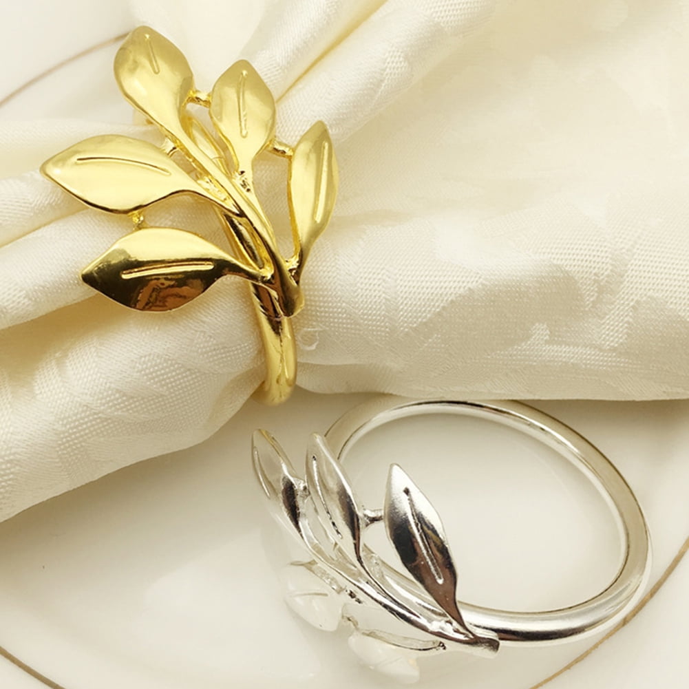 Gold/Silver Round Leaf Napkin Rings Set of 6-12 Holder for Dining Table Parties 