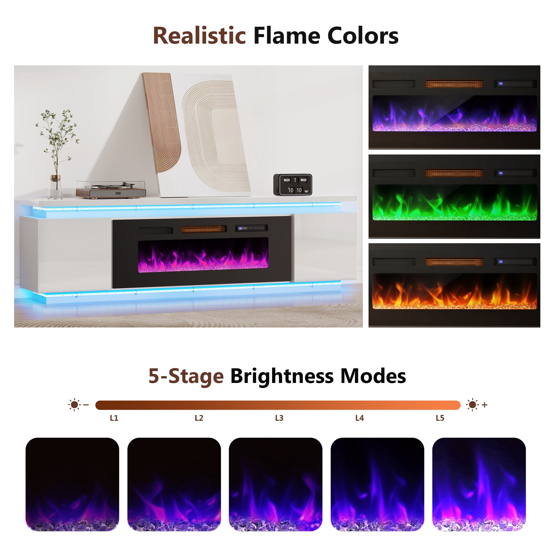 Anrist Electric Fireplace TV Stand for TVs up to 80" with LED Lights & 4 AC Power Outlets, TV console for Living Room, White, Ship in 2 Boxs