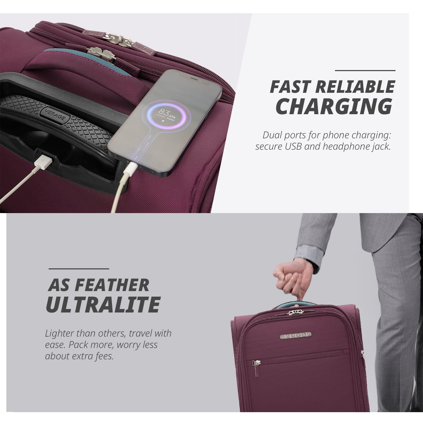VERAGE 16-Inch Rolling Underseat Luggage with Wheels, Softside Expanable Small Suitcase Carry On Luggage Bags for Airlines Airplanes Short Trip Men Women (Grape Red)