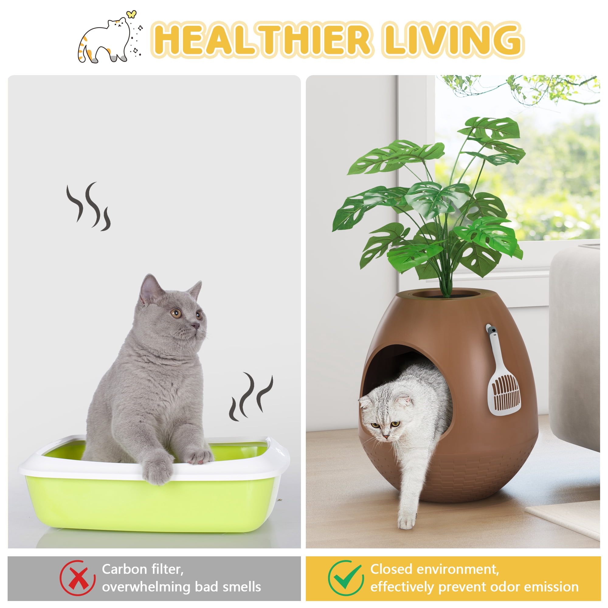 Eggloa6 Cat Plant Litter Box Set With Artificial Plants, Attached Scoop, Replaceable Litter Box Liners, Hidden Cat Litter Box Furniture, Brown