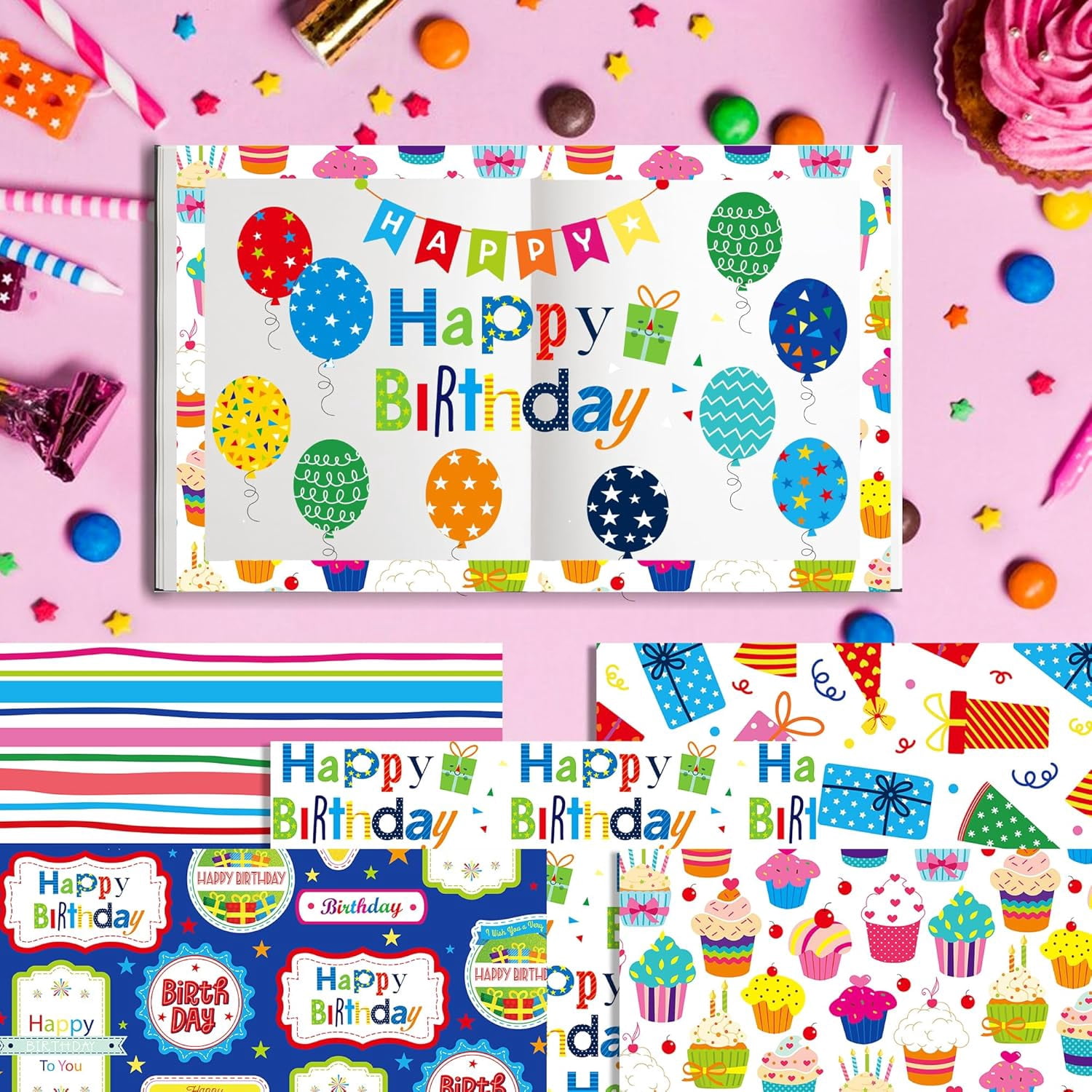 24 Sheets Happy Birthday Scrapbook Paper 11.8'' x 11.8'' Candle Balloon Topper Dessert Gift Birthday Themed Pattern Double Sided Decorative Sheets for DIY, Junk Journal,Collage,Card Making Supplies