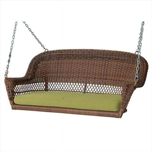 Honey Wicker Porch Swing With Green Cushion