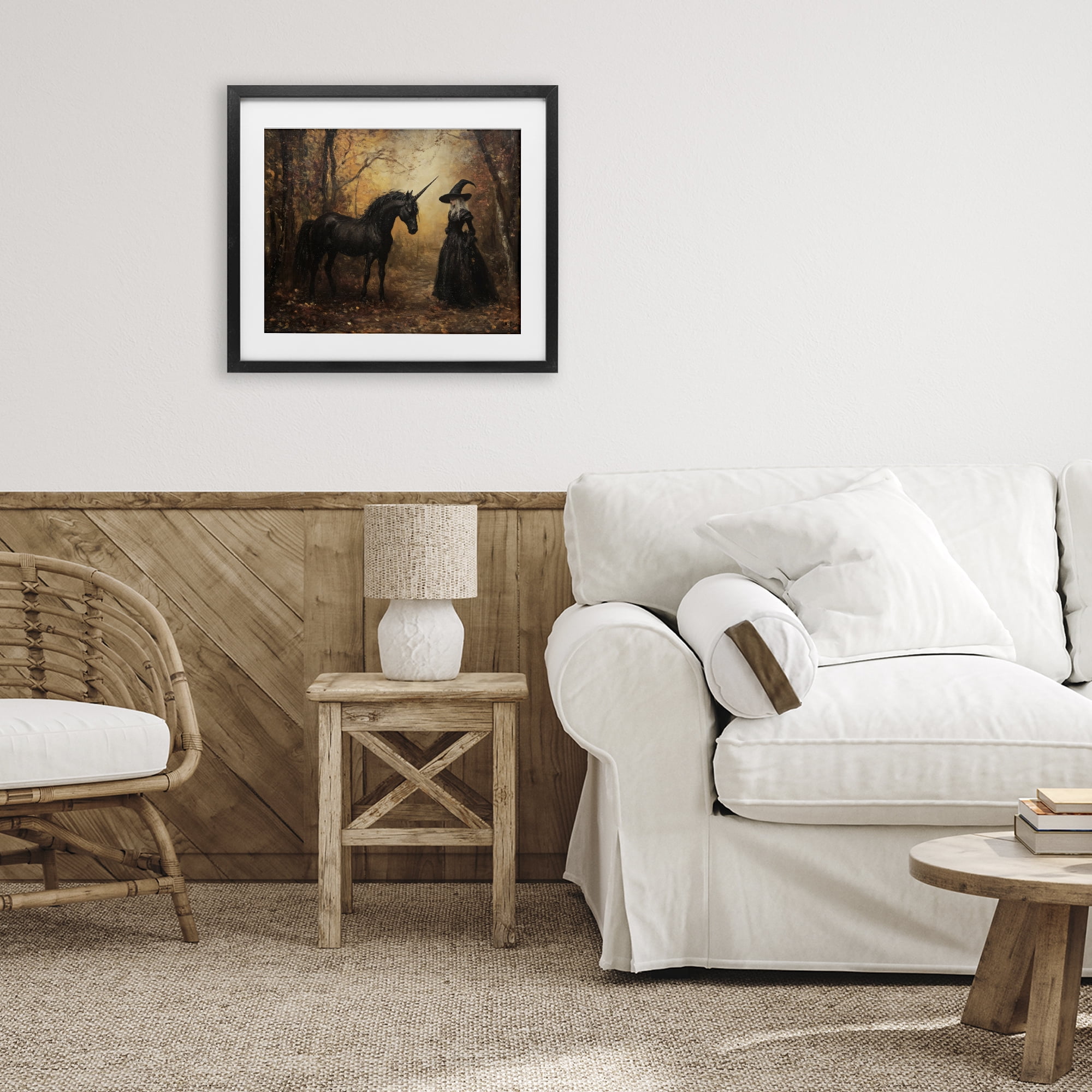 Witch & Black Unicorn Black Framed Print Under Glass, design by Arlington Prints