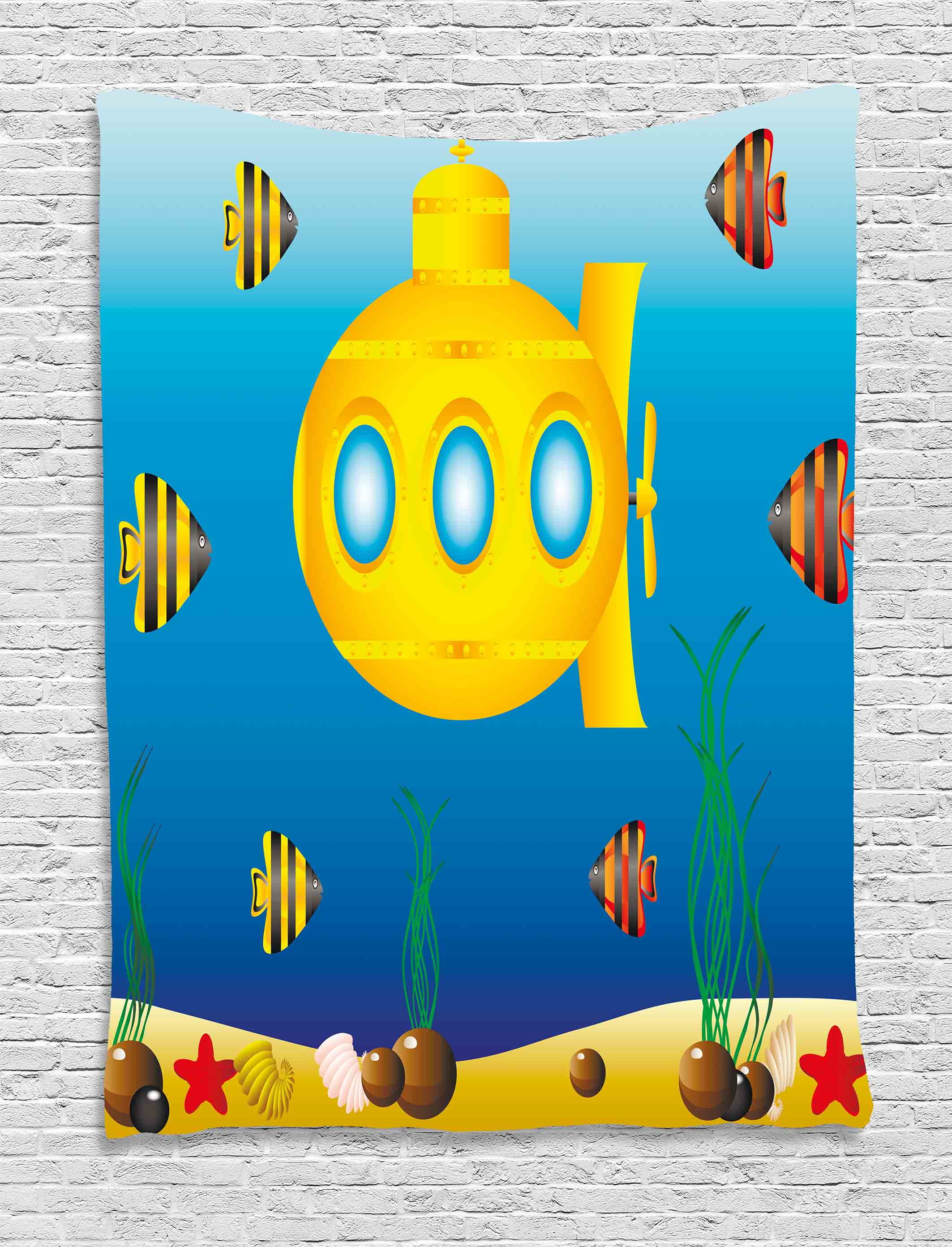Yellow Submarine Decor Tapestry, Nautical Theme a Submarine Surrounded