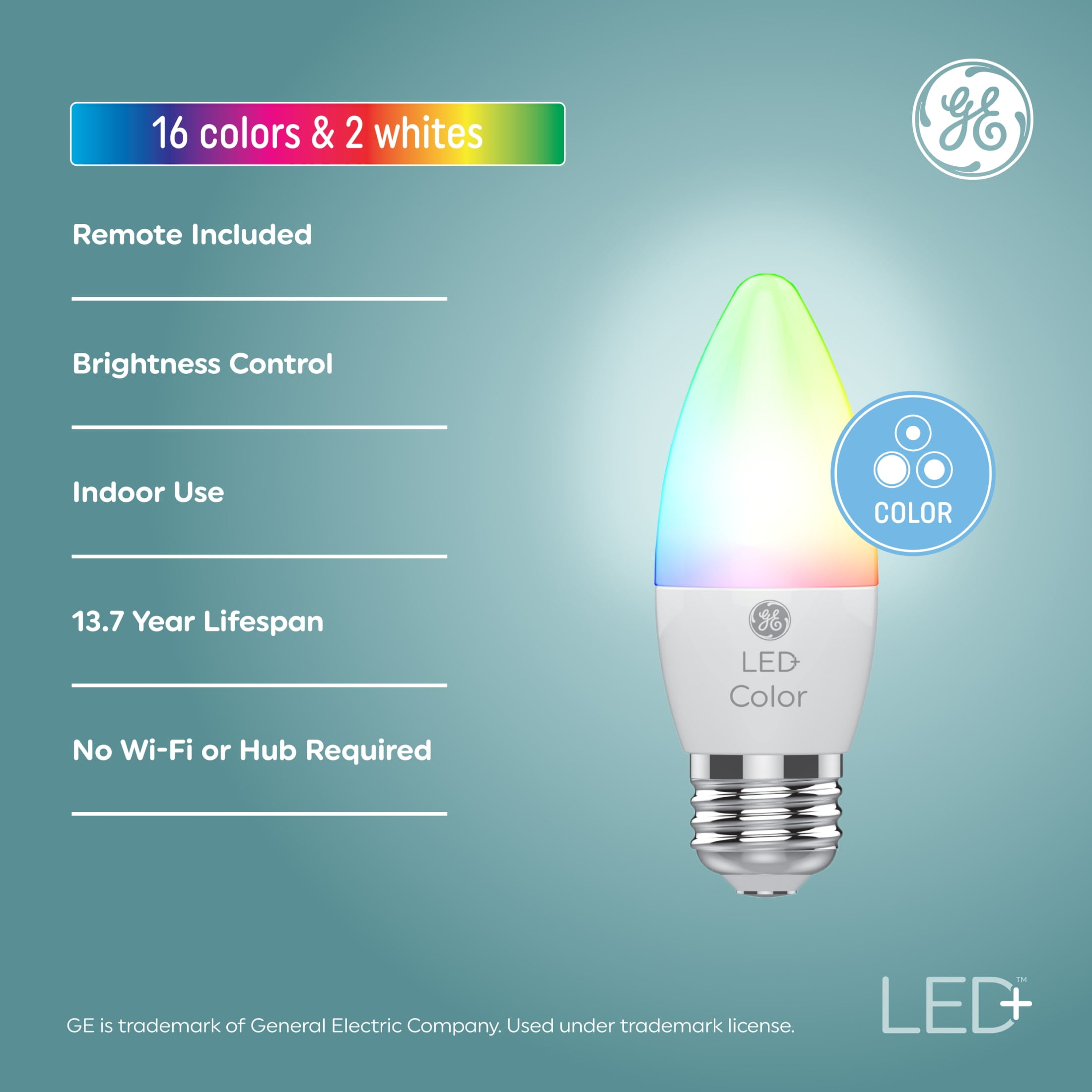 (2 pack) GE LED+ Color Changing LED Light Bulbs, 60 Watt, Decorative Bulbs, Medium Base, 2pk
