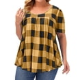 thumbnail image 1 of Camiseta de manga corta con estampado de cuello redondo para mujer, camiseta holgada informal a la moda con dibujo de cuadros para mujer, camiseta con cuello redondo amarillo 4XL, 1 of 5