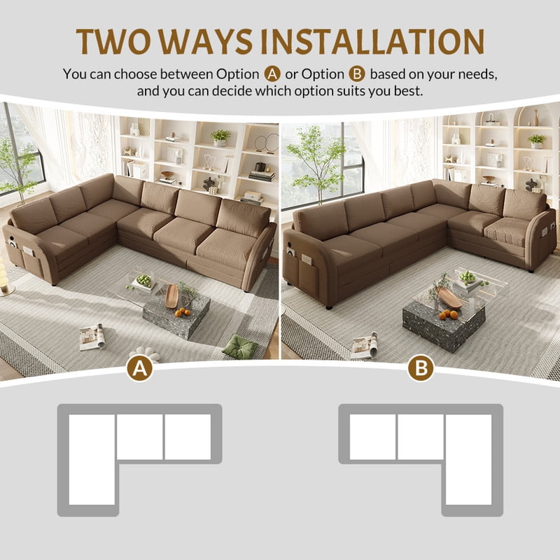L-Shaped Sectional Sofa with Pull Out Bed, 115.2'' Convertible Sleeper Sofa with Reversible Chaise, USB Charging Ports & Side Pockets, Oversized 6-Seat Sofa Couch for Living Room