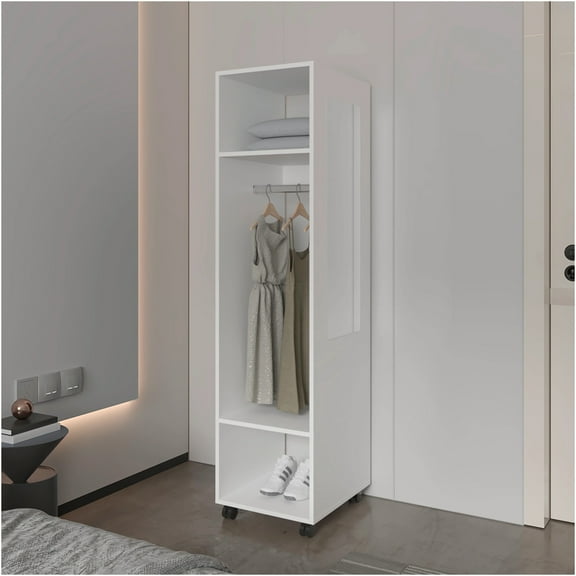 JERFIT White Wardrobe Closet with Mirror, 3-Tier Rolling Storage Organizer Cabinet with Shelves
