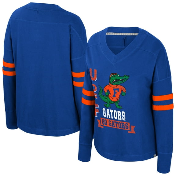 Women's Colosseum  Royal Florida Gators Oversized Violet Distressed V-Neck Long Sleeve T-Shirt