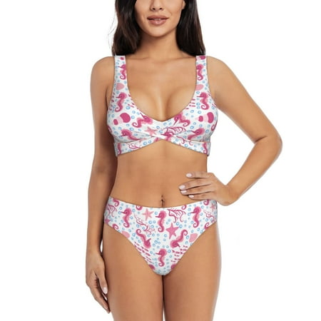 Zeuib Seahorse and Starfish High Waisted Tummy Control Bikini Set - Knot Front Push Up Top & Cheeky Thong Bottom  Two-Piece Swimsuit for Women-XX-Large