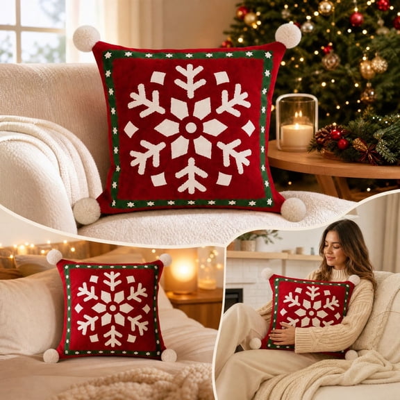 Decorative Throw Pillow, Red, 45 x 45cm, Style A, soft filled accent cushion with a playful seasonal design, for sofa, bed, bedroom, living room, gifts and holiday home decor