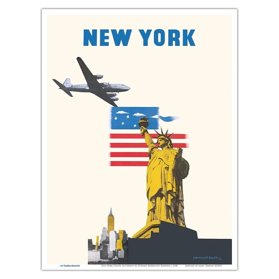 New York - The Statue of Liberty - Vintage Airline Travel Poster by Edward McKnight Kauffer c.1948 - Master Art Print (Unframed) 9in x 12in