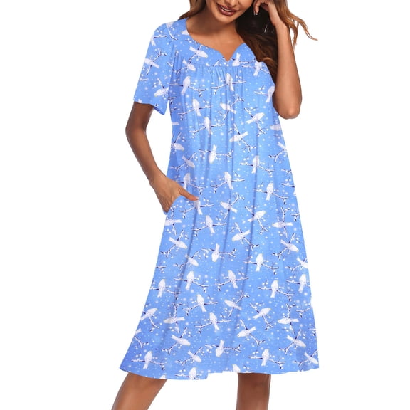 Ekouaer Nightgowns for Women Cotton House Dress with Pockets Short Sleeve Mumu Dress Embroidered Lounge Dress