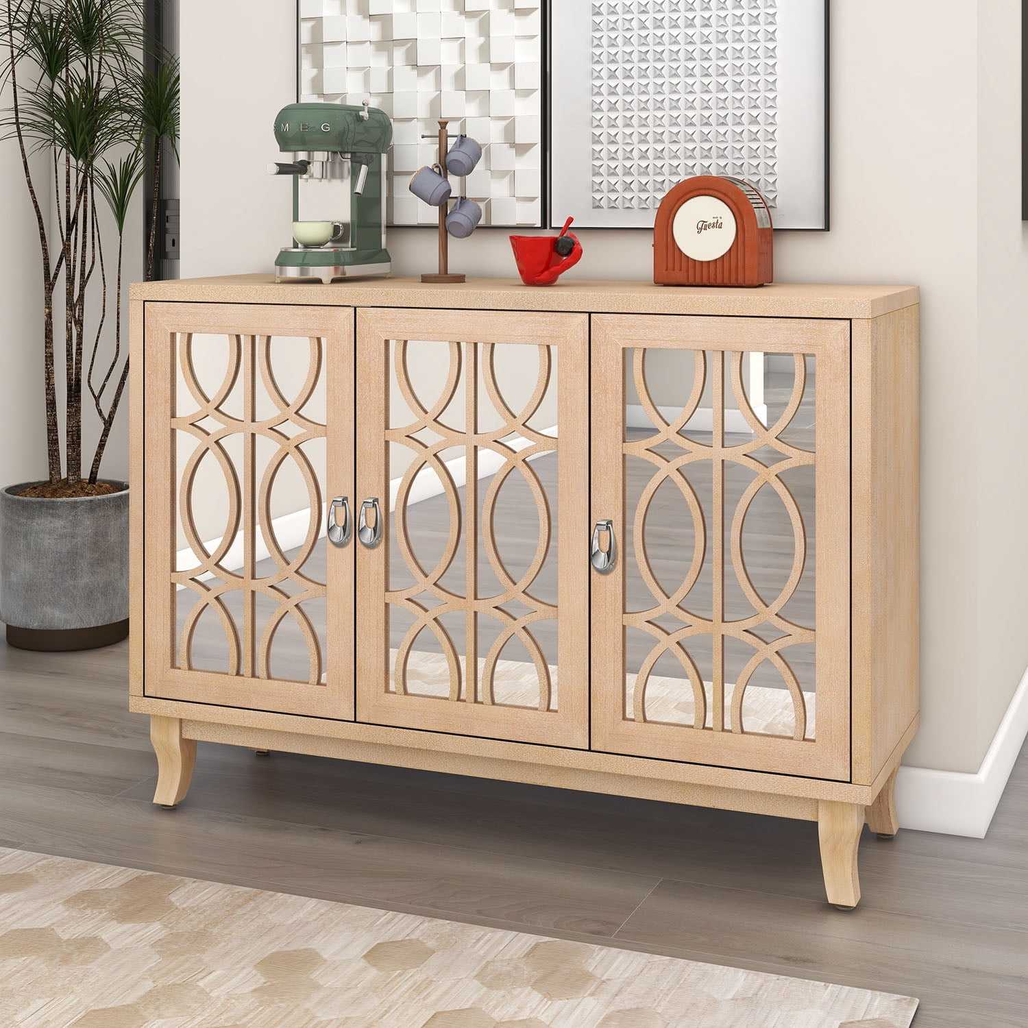 Kadyn Sideboard with Glass Doors, Accent Storage Cabinet with 3 Door, Sideboard Buffet Cabinet for Hallway, Natural