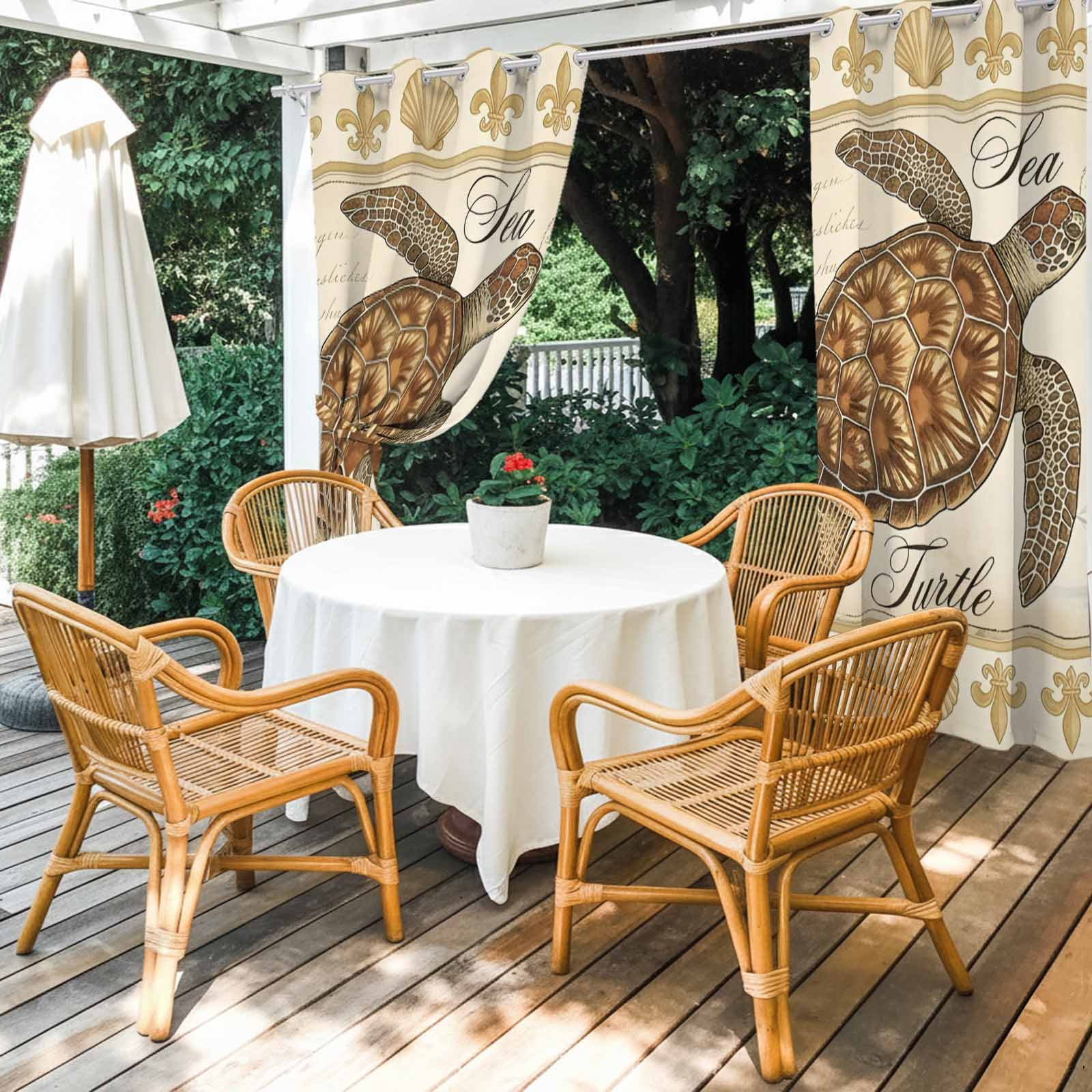 Retro Nautical Outdoor Curtains for Patio, Ocean Beige Brown Sea Turtle Seashell Ship Sunshade Privacy Drapes Grommet Waterproof Outside Curtains for Porch/Cabana/Balcony 54"x 108", 1 Panel